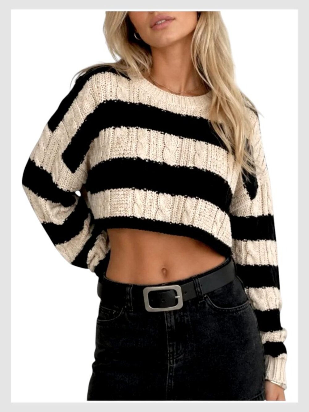 Altar'd State Cropped Sweater Black Cream Cable Knit XS